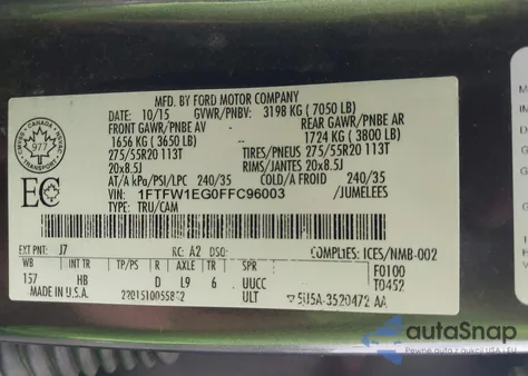 2015 Ford F-150 Lariat from USA, damaged, VIN 1FTFW1EG0FFC96003